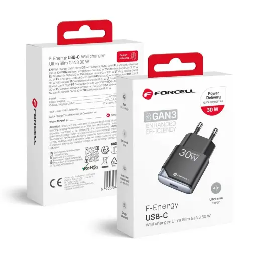 Forcell F-Energy Ultra Slim tīkla lādētājs | 30W | PD, QC, GaN | USB-C | melns