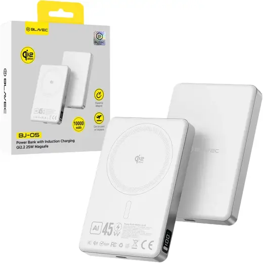 Blavec Power Bank 10000mAh BJ-05 Ultra Fast 16mm - Type C - Qi2.2 25W + PD 45W magnetic induction Magsafe 2 in 1 (PBBJ05-QI22MC10W) white aluminum