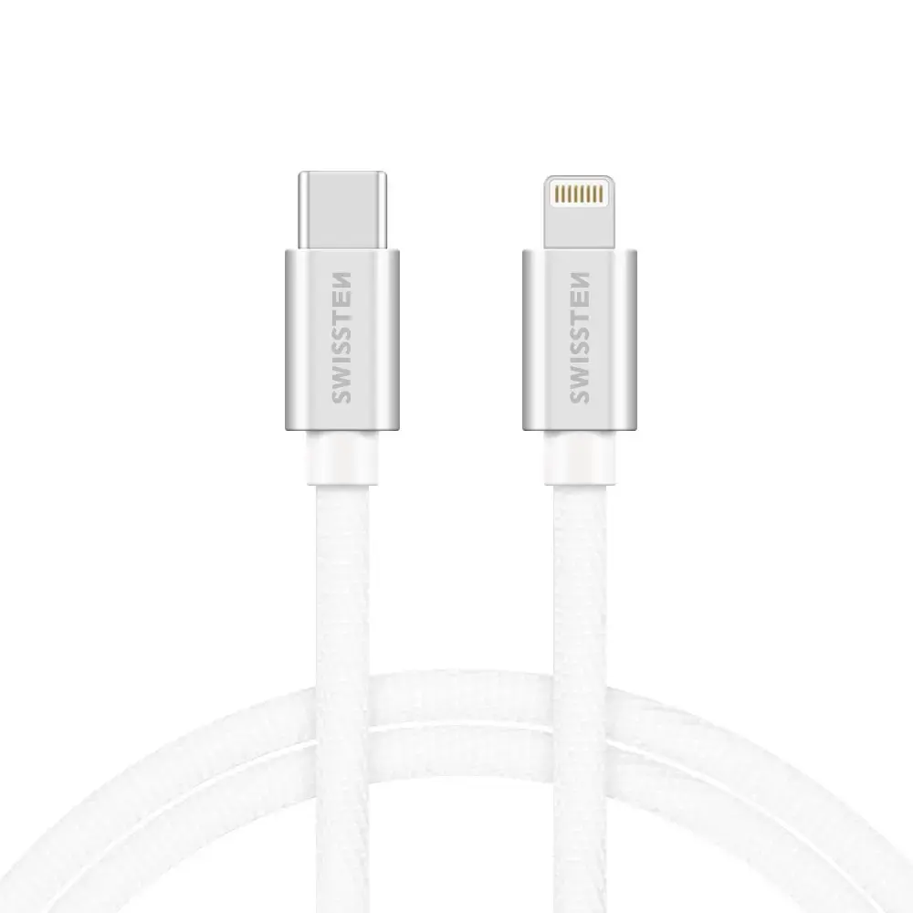 Swissten Textile Universāls Quick Charge 3.1 USB-C uz Lightning Datu un Uzlādes Kabelis 1.2m Sudraba