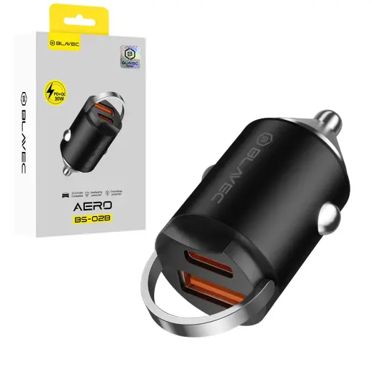 Blavec BS-02B Aero auto lādētājs | 30W | PD, QC | USB-C, USB-A | melns