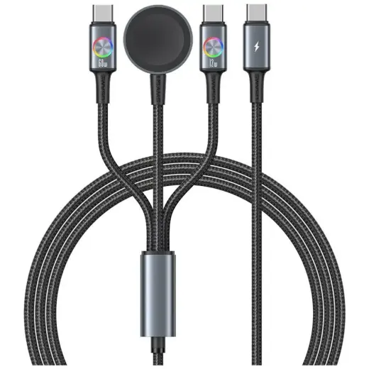 USAMS Huan Series SJ754 3-in-1 провод для передачи данных и зарядки | USB-A на USB-C, USB-C, Apple Watch Charger | 72W | серый
