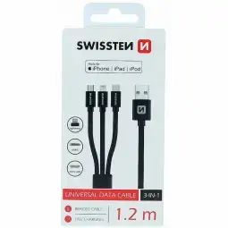 Swissten Textile Universal 3-in-1 data transfer and charging cable | MFI | USB-A to Micro USB, USB-C, Lightning | 1.2m | black