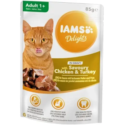 Canned cat food : IAMS CAT DELIGHT CHICKEN TURKEY GRAVY 85g.