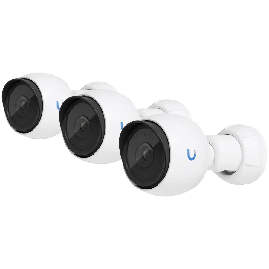 UBIQUITI G4 Bullet 3-pack;  2K (4MP) video resolution; Flexible 3-axis adjust mount; 9 m (30 ft) IR night vision; AI event detections; Record audio with an integrated microphone; Connect and power using PoE; Ruggedized metal enclosure; Weatherproof (outdoor exposed).