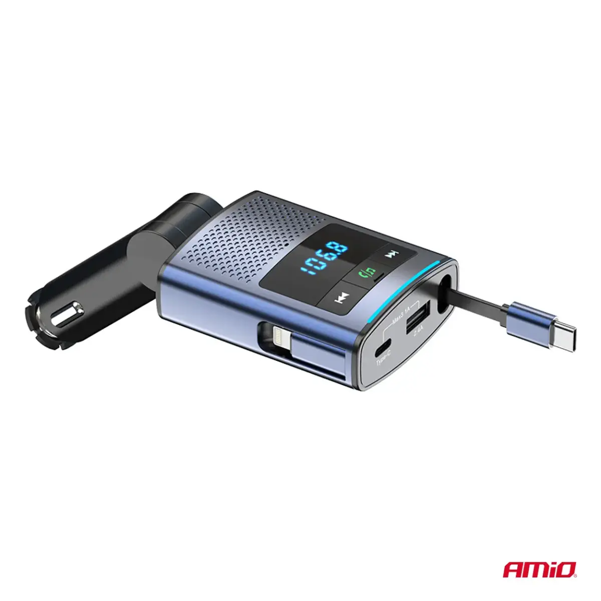 Car FM Transmitter 1×USB-A 1×USB-C 12V 24V AMIO-04656