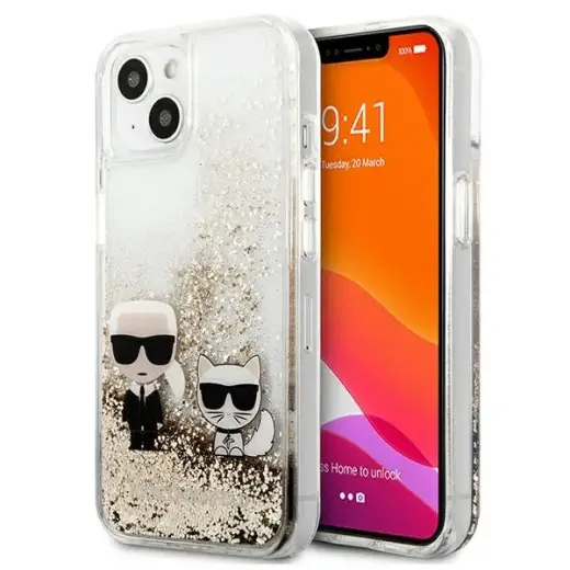 KLHCP13MGKCD Karl Lagerfeld Liquid Glitter Karl and Choupette Case for iPhone 13 Gold