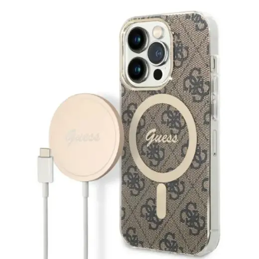 Guess 4G MagSafe Compatible Case + Wireless Charger for iPhone 14 Pro Max Brown
