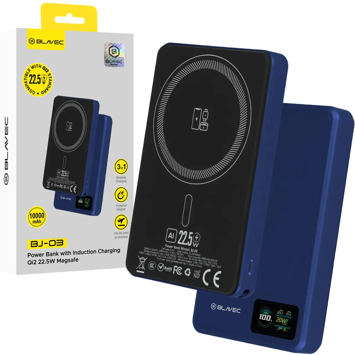 Blavec BJ-03 Slim ārējais akumulators (powerbank) | 10 000 mAh | 22.5W | USB-C, MagSafe, Wireless | zils