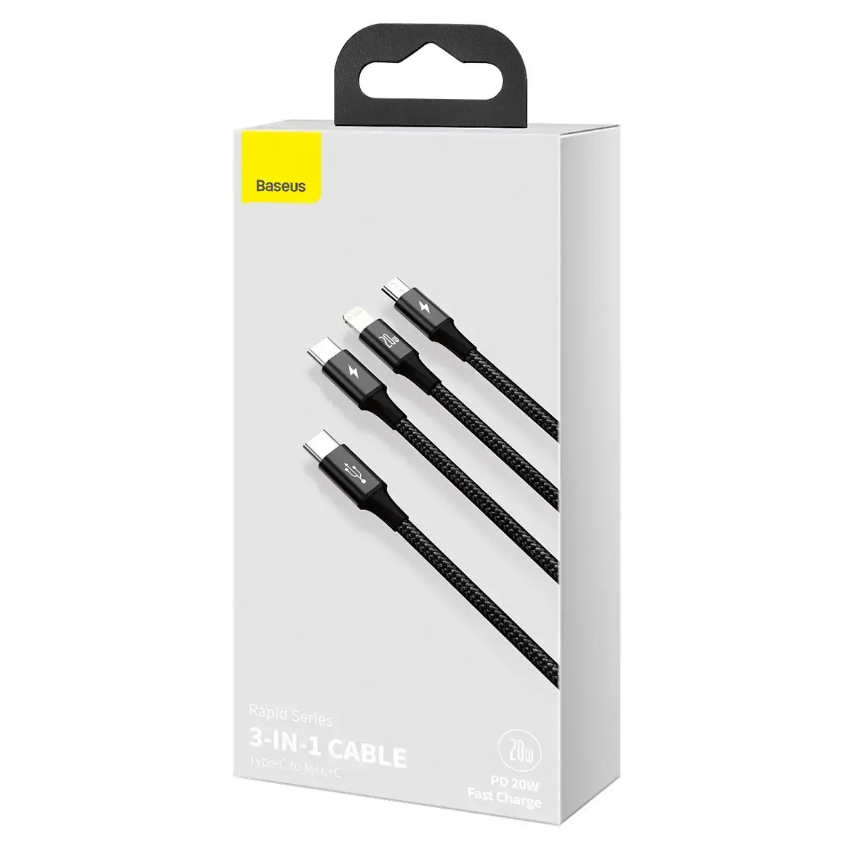 Baseus Rapid Series 3-in-1 datu pārraides un uzlādes vads | USB-C uz USB-C, Lightning, Micro USB | 20W | 1.5m | melns