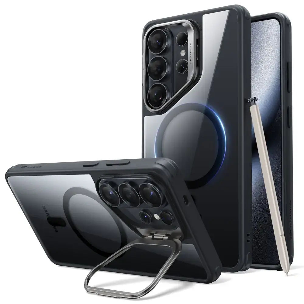 ESR Classic Hybrid maciņš un ar statīvu telefonam Samsung Galaxy S26 Ultra (S948) caurspīdīgs melns