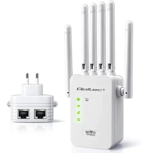 Qoltec WiFi Signal Booster | Repeater | Access Point | AX300 | 6 antennas | 2x RJ45
