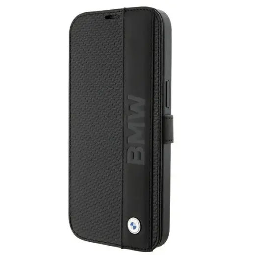 BMW BMBKP15S22RDPK iPhone 15 6.1" czarny|black bookcase Leather Textured & Stripe