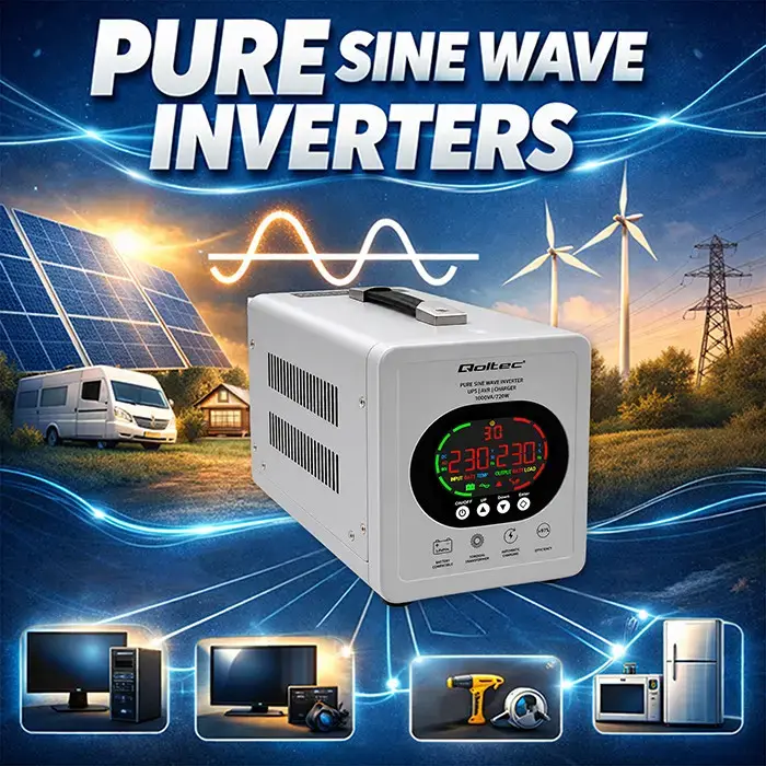 Qoltec Pure Sine Wave UPS | 1000VA/720W | 12/230V inverter with AVR | LCD | LiFePO4 AGM GEL