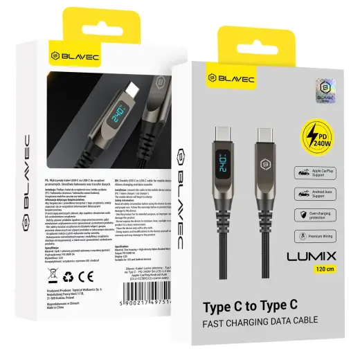 Blavec Lumix CLU-CC5BG12 datu pārraides un uzlādes vads | USB-C uz USB-C | QC | 240W | ar LED ekrānu | 1.2m | melns, pelēks