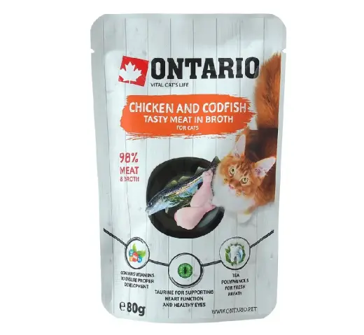 Konservi kaķiem – Ontario Pouch Chicken and Codfish in Broth, 80 g
