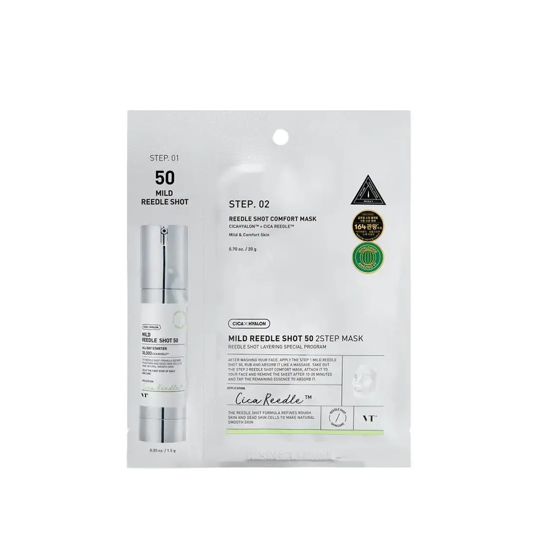 VT Cosmetics, Reedle Shot 50 2 Step Mild, Strengthening, Sheet Mask, For Face, 21.5 g