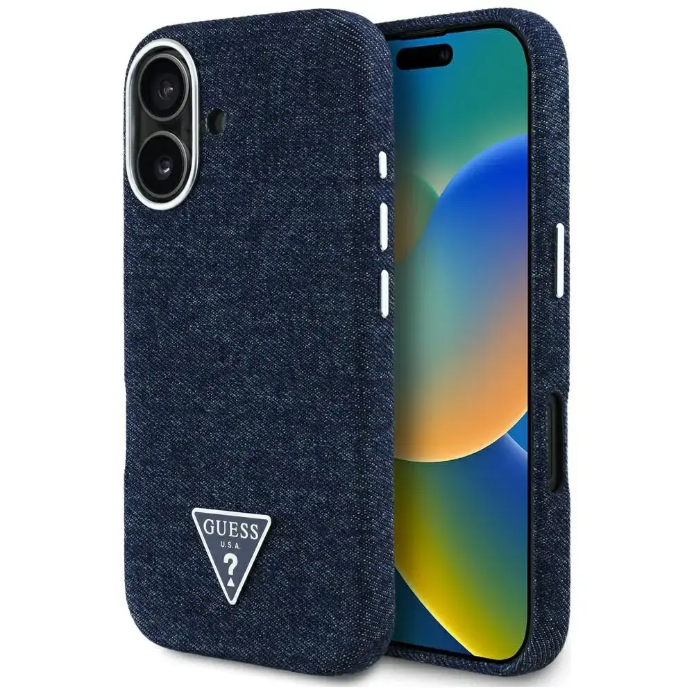 Guess Denim Triangle Logo telefona maciņš priekš iPhone 16 zils ar MagSafe atbalstu