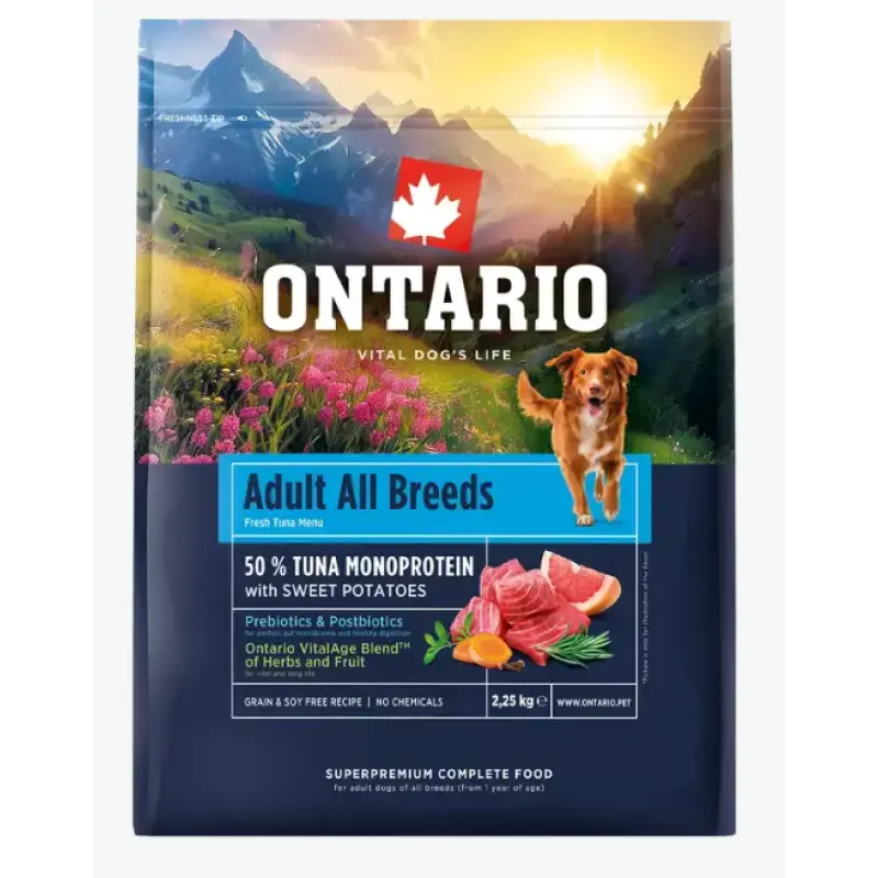 Barība suņiem – Ontario Adult All Breeds, Monoprotein, Tuna and Sweet Potatoes 2,25 kg
