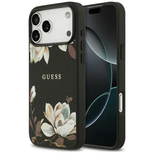 Etui Guess Grained Flowers Classic Logo   MagSafe do iPhone 17 Pro Max czarny