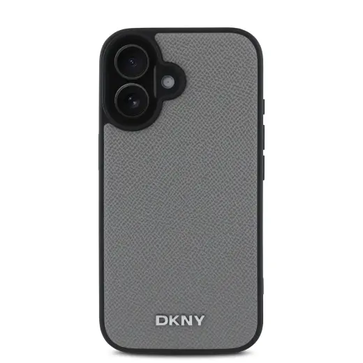 DKNY PU Leather Silver Metal Logo Magsafe Case for iPhone 16 Grey