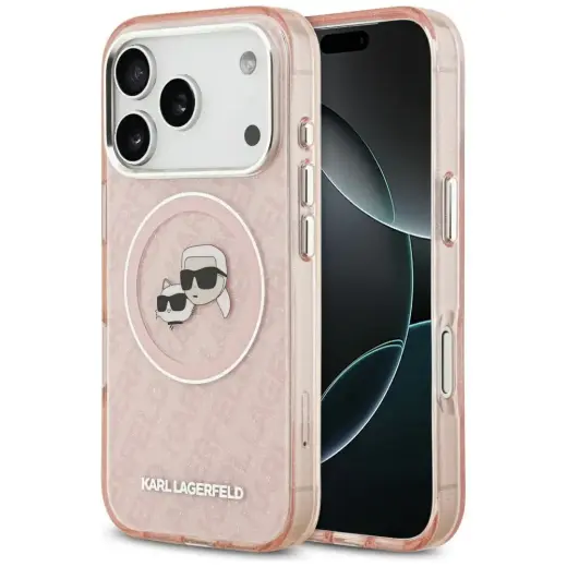 Karl Lagerfeld IML Glitter Karl & Choupette Heads Logo maciņš ar MagSafe atbalstu telefonam iPhone 17 Pro Max rozā