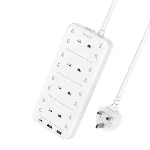 Yesido MC16 Extension Cable 11in1 (UK) 2m Fast Charge 3250W, 8xUK+2xUSB-A+C, WHITE