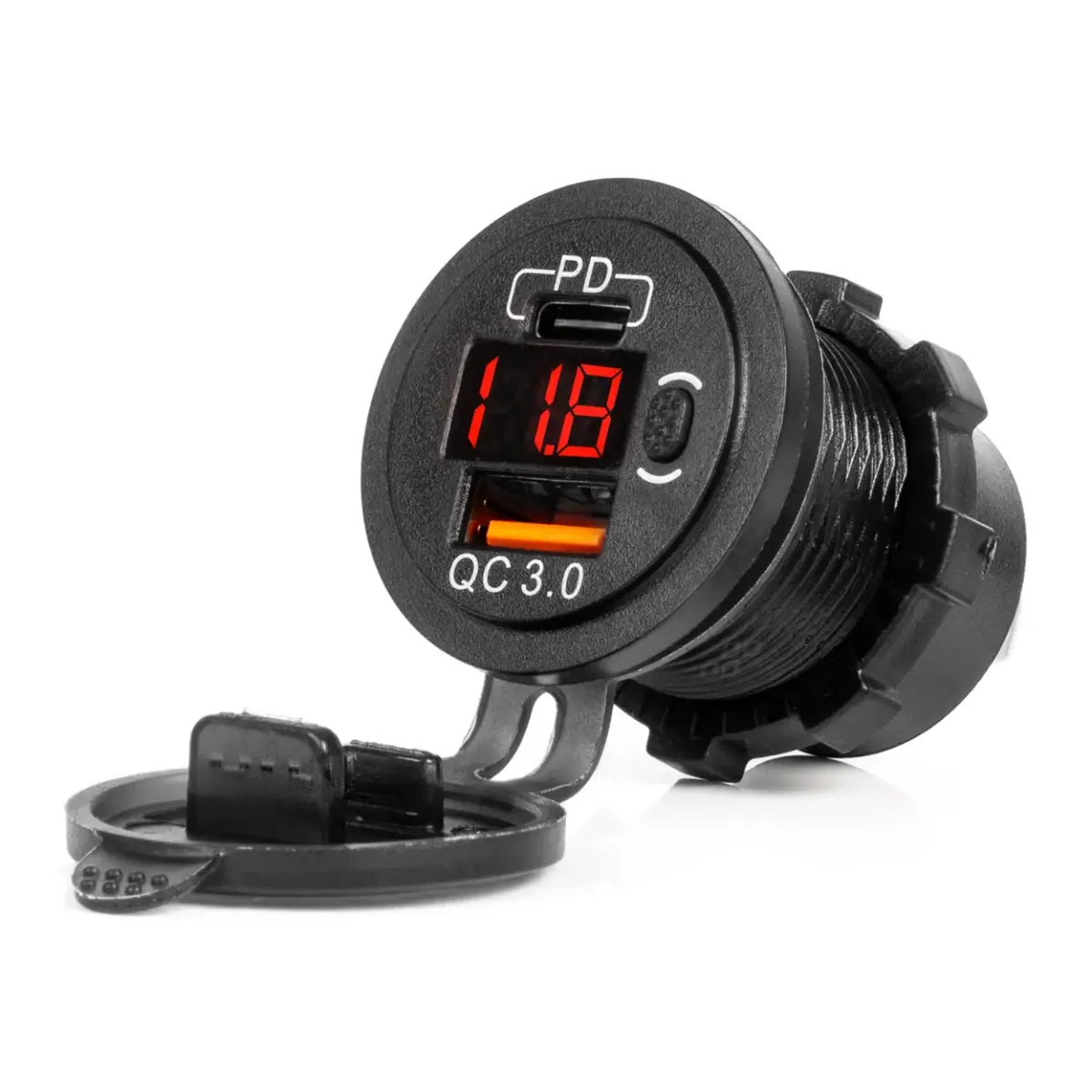 Waterproof Phone Charger with Switch RED LED Indicator Digital Voltometer USB + USB C QC3.0 12/24V AMIO-04222