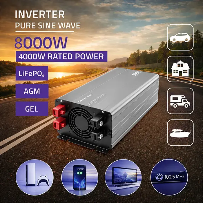 Qoltec Pure Sine Wave Inverter | 12V to 230V | 4000/8000W | USB | Compatible with LiFePO4 GEL AGM
