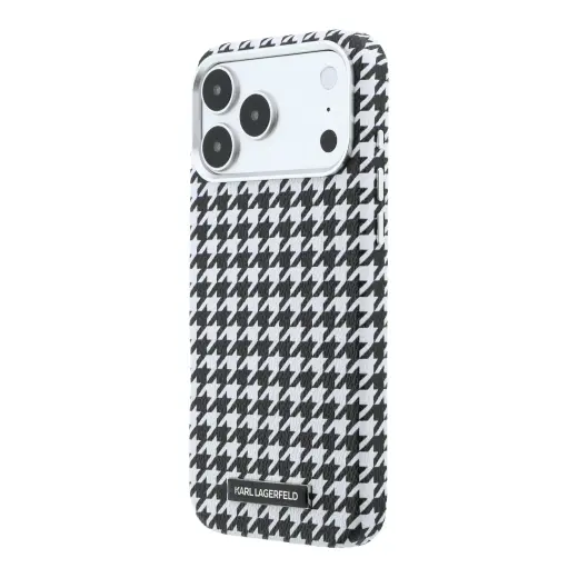 Karl Lagerfeld PU Houndstooth Resin Plate maciņš ar MagSafe atbalstu telefonam iPhone 17 Pro Max melns