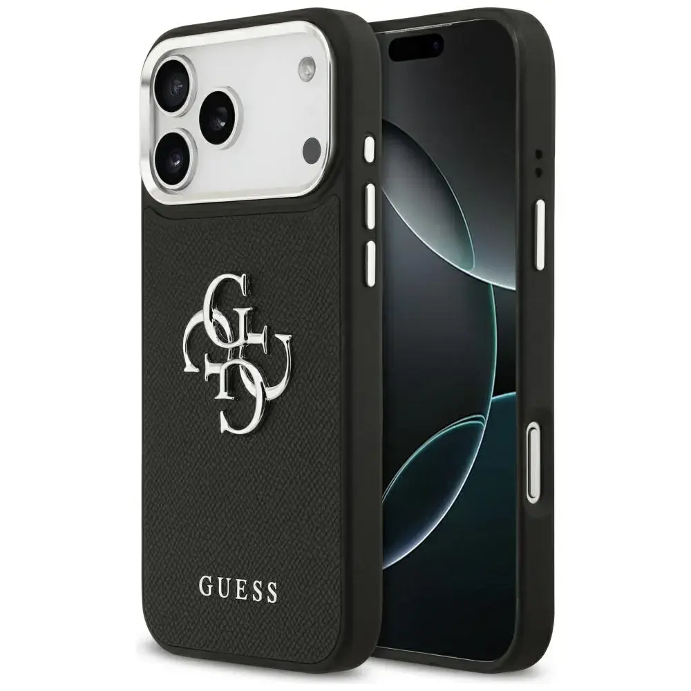 Guess Grained Big 4G Classic Logo maciņš telefonam iPhone 17 Pro Max melns