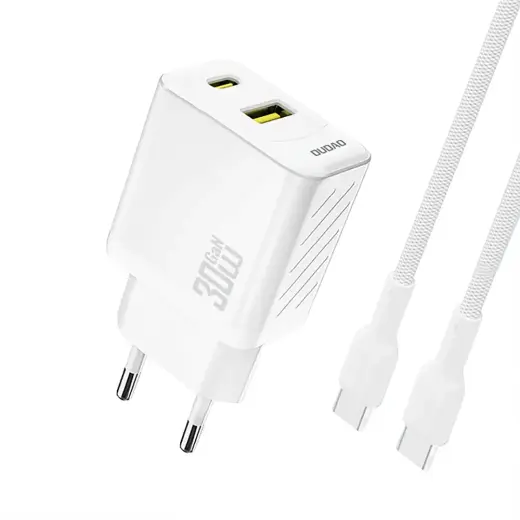 Dudao A27TCEU reisilaadija | 30W | PD, GaN | USB-A, USB-C | USB-C kuni USB-C kaabliga komplektis | valge