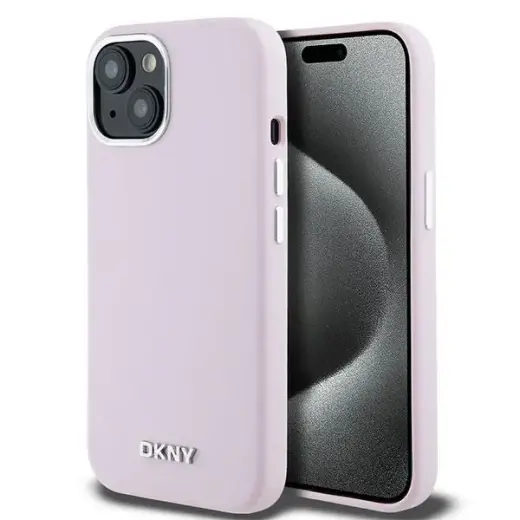 DKNY DKHMP15SSMCHLP Liquid Silicone Small Metal Logo maciņš ar MagSafe atbalstu telefonam iPhone 15 | iPhone 14 | iPhone 13 rozā