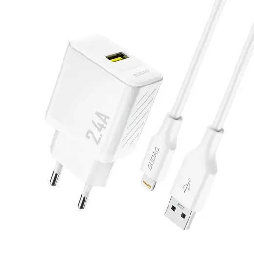 Dudao A23LEU reisilaadija | 12W | GaN | USB-A | USB-A kuni Lightning kaabliga komplektis | valge