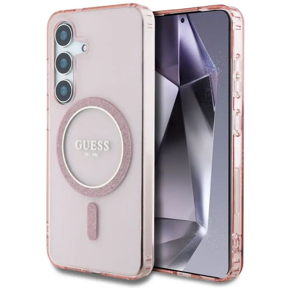 Etui Guess Glitter Circle Classic Logo    MagSafe do Samsung Galaxy S25 różowy