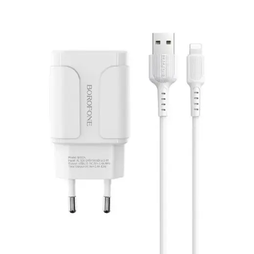 Borofone BA37A Универсальное Зарядное Устройство 2XUSB | 5V | 2.4A + Lightning Провод 1М Белое