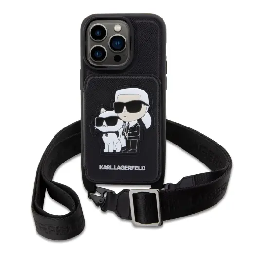Karl Lagerfeld Saffiano Crossbody Strap Karl and Choupette Case for iPhone 14 Pro Black