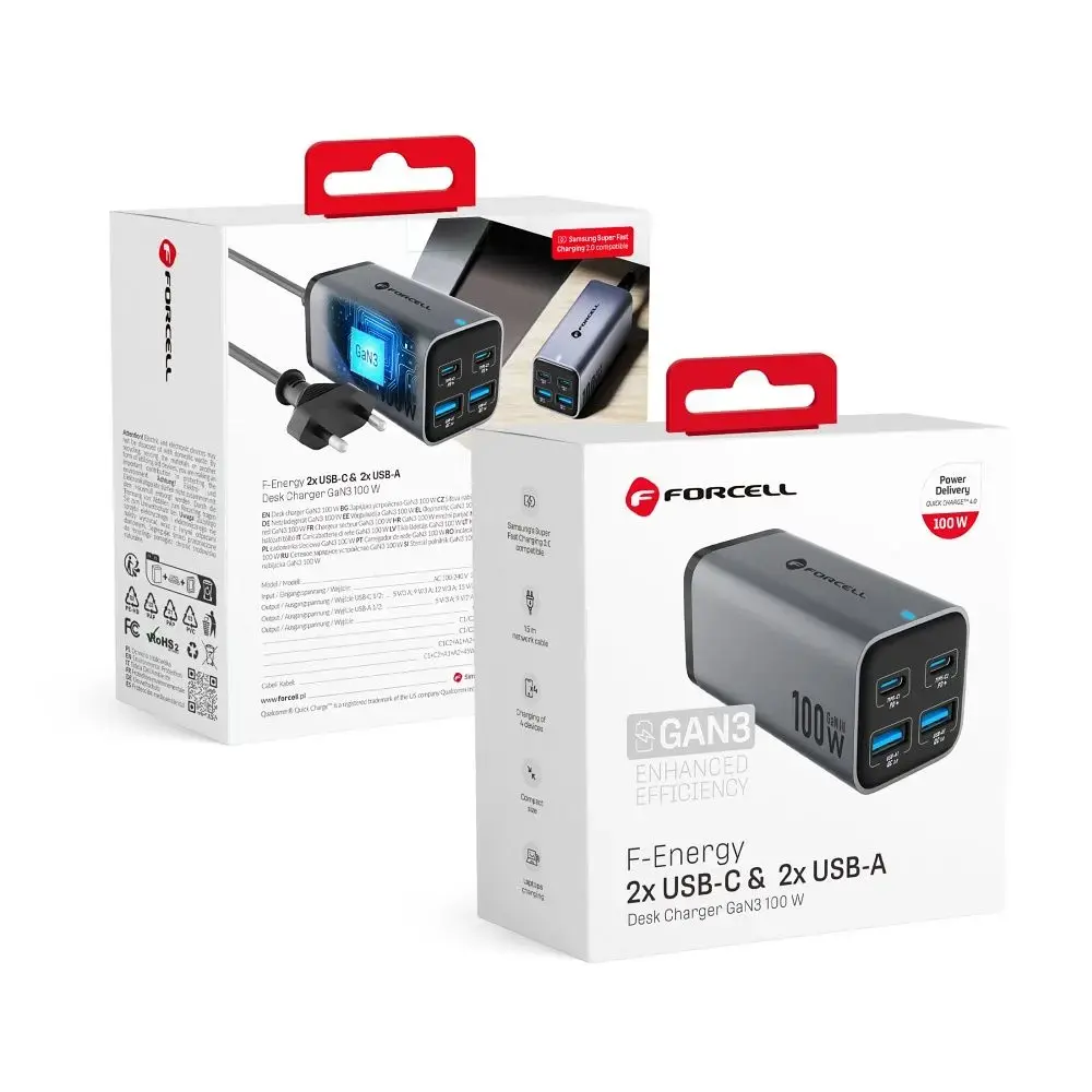 Forcell F-Energy tīkla lādētājs | 100W | PD, QC, GaN | USB-C, USB-A | pelēks