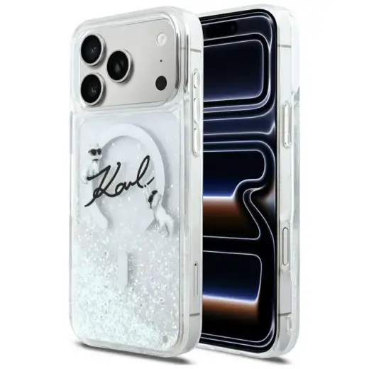 Karl Lagerfeld Liquid Glitter Karl Script Logo чехол с поддержкой MagSafe для телефона iPhone 17 Pro Max прозрачный