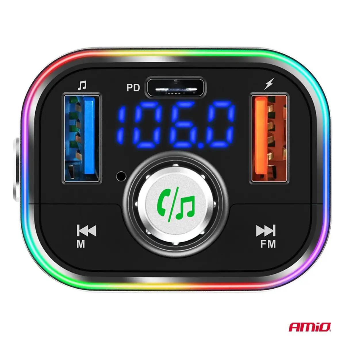 Car FM Transmitter 1×USB-C microSD 12V 24V AMIO-04652