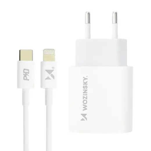 Wozinsky Quick Charger Adapter EU Wall Charger USB Type C Power Delivery 20W + USB Type C | Lightning charging data cable 1m white