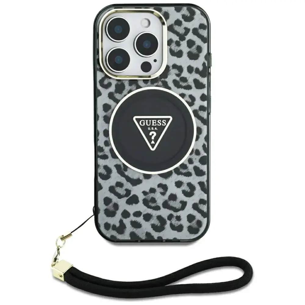 Etui Guess HC IML Leopard Triangle Cord   Strap do iPhone 16 MagSafe czarny