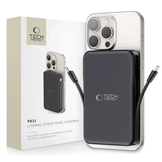 Tech-Protect LifeMag PB31 ārējais akumulators (powerbank) | 10000 mAh | 15W | USB-C, USB-A, MagSafe, Lightning | melns