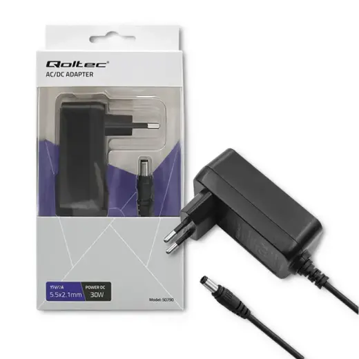 Qoltec 50790 Maitinimo šaltinis, įkišamas į elektros lizdą, 30 W | 15 V | 2 A | 5,5 * 2,1 colio