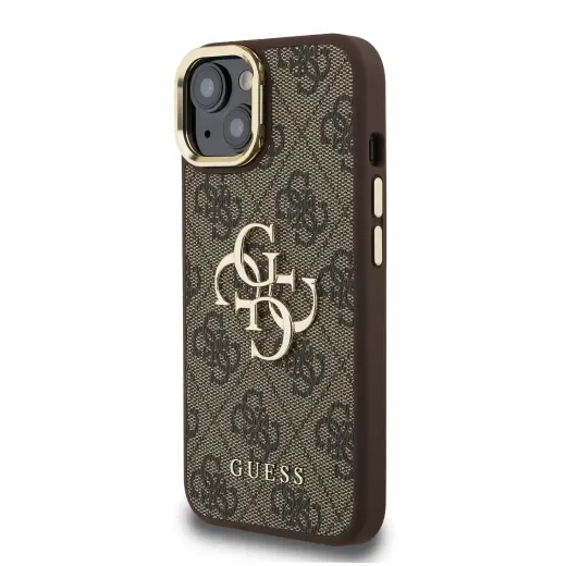 Guess PU 4G Metal Logo Stand Camera Frame telefona maciņš iPhone 15 brūns