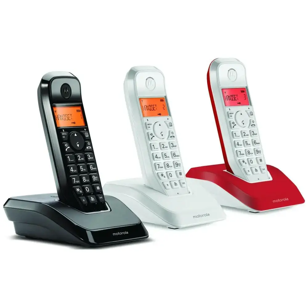 Set of Motorola S1202 cordless landline phones 3 pcs. black white red