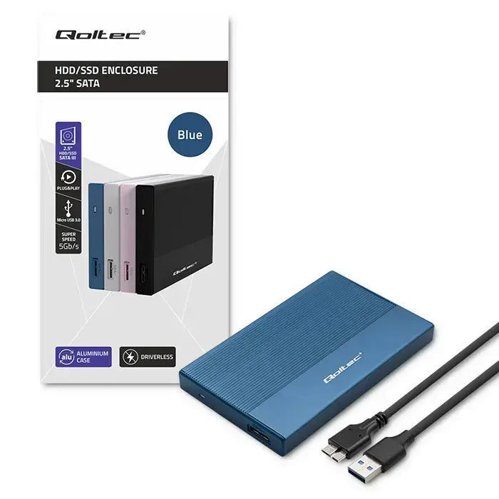 Qoltec Aluminium Enclosure | SSD HDD 2.5'' drive | SATA | USB 3.0 | Super speed 5Gb/s | 2TB | Blue