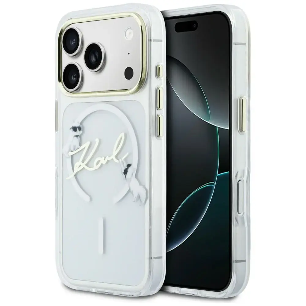 Karl Lagerfeld IML Choupettes Karl Script Logo maciņš ar MagSafe atbalstu telefonam iPhone 17 Pro Max caurspīdīgs