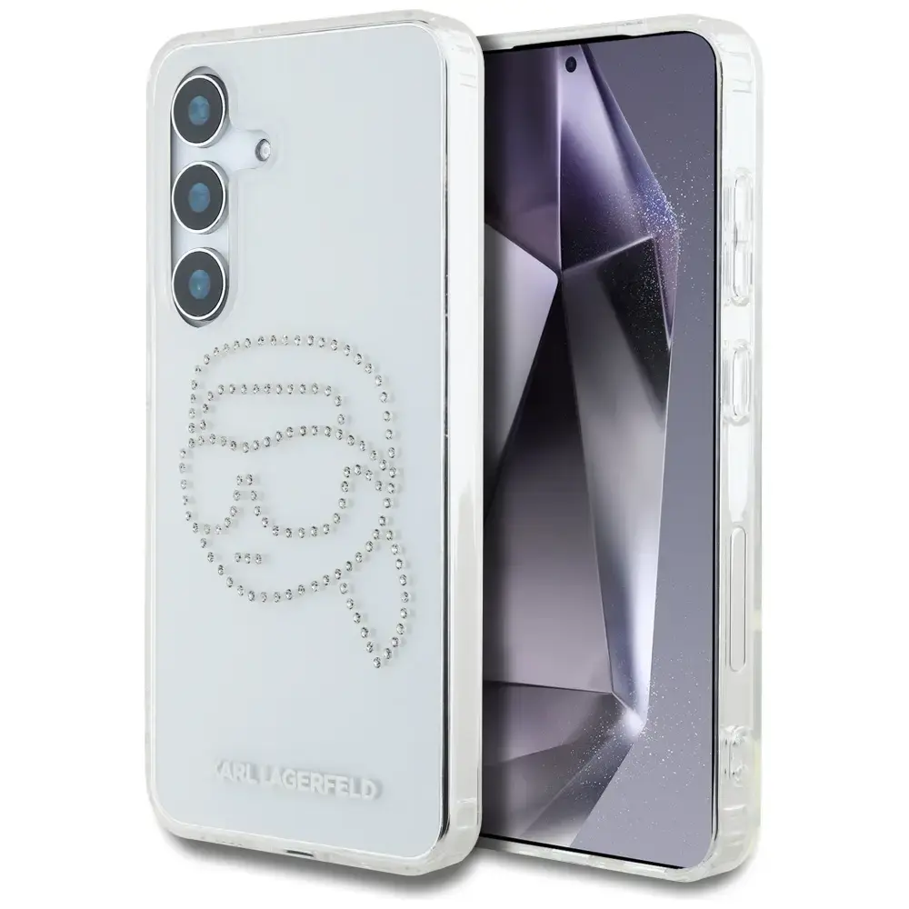 Karl Lagerfeld Rhinestones Karl Head Logo telefona maciņš Samsung Galaxy S25 caurspīdīgs