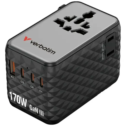 Verbatim Travel Adapter EU/UK/US GaN   1xUSB-A/3xUSB-C PD 170W black 30190