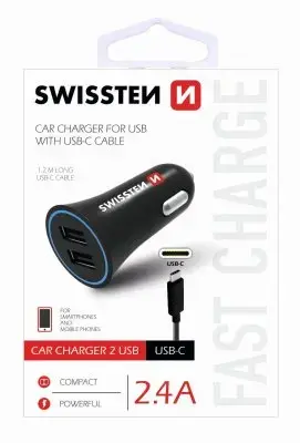 Swissten Premium car charger | 12W | USB-A, USB-C | with USB-C cable included | black
